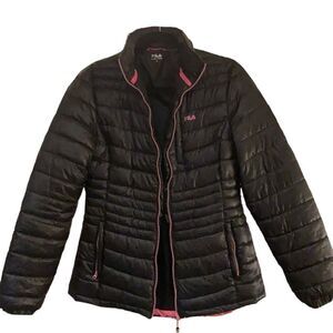 FILA Black Puffer Jacket with Breast Cancer Awareness Pink Ribbon on Sleeve